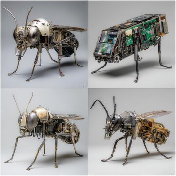 Mechanical insect sculptures crafted from recycled computer components.