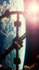 Wall Mural - highly detailed huge spaceship approaching to the earth elements furnished by nasa, vertical