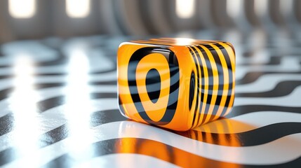 Leinwandbilder - Orange cube with black stripes on a patterned surface.