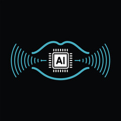 Poster - Teal and White A I Microchip Icon Inside Stylized Lips Shape with Sound Waves Emanating on Black Background Abstract Technology Concept Illustration