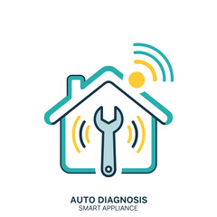 Poster - Teal and Yellow House Icon with Wrench Smart Appliance Auto Diagnosis Wireless Signal Home Repair Maintenance