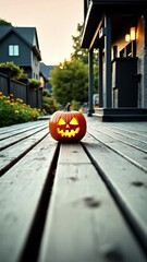 Aufkleber - Scary halloween pumpkin on wooden planks, copy space on a side