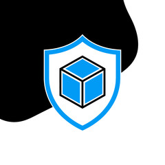 Fototapete - A blue cube inside a shield with black outline on a white background with black shape on top left