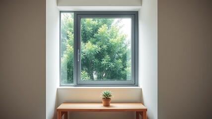 Poster - Window framing a lush green tree with a small potted plant on a wooden table in a bright room