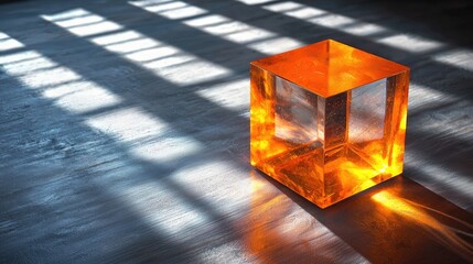 Leinwandbilder - Orange cube on a wooden surface with shadows.