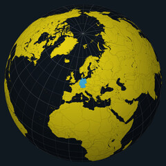 Poster - Germany on Globe. Country view on the world map in Charcoal Bright Yellow color palette. Germany shape on map. Globe with meridians, parallels, countries, rivers and lakes.