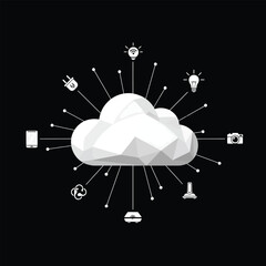 Poster - White Low Poly Cloud Connected to Smart Devices on Black Background Smart Home Network Illustration Wireless Technology Data Storage Concept