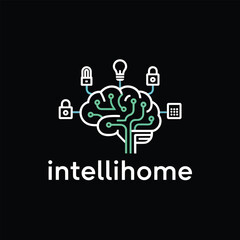 Poster - White Line Drawing of a Brain with Teal Circuitry Connected to Lightbulb Lock and Keypad Icons on Black Background with intellihome Text Below