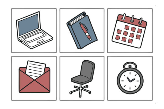 Office Icons: A clean and modern illustration, showcasing a variety of office essentials. This eye-catching artwork presents the essential tools for productivity.