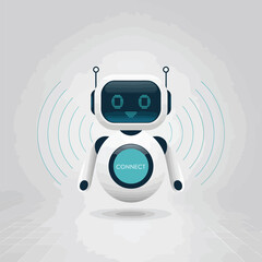 Poster - White Robot Character with Teal Connect Button and Light Blue Wireless Signal Waves on a Gray Grid Background