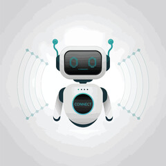 Poster - White Robot with Teal Accents Connecting Wireless Network Signal Displaying Connect Button Digital Screen Cartoon Illustration