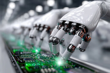 Poster - Robotic hands assembling circuit boards in a high-tech manufacturing facility