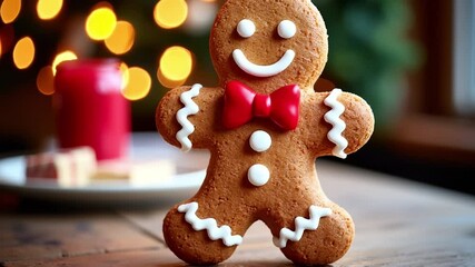 Aufkleber - Festive gingerbread man cookie with red bow tie on a light background ready for Christmas