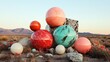 © svastix - A colorful arrangement of abstract spheres rests against a desert backdrop, highlighting contrasts in texture, color, and natural beauty in a surreal setting.