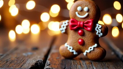 Aufkleber - Festive gingerbread man cookie with red bow tie on a light background ready for Christmas