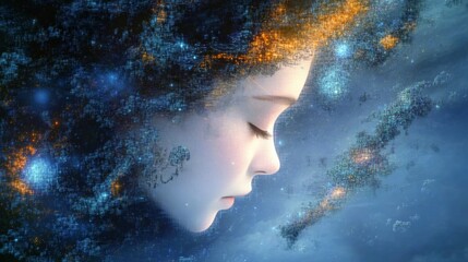 Poster - Enchanting Digital Portrait with Ethereal Light and Floating Particles, Capturing Art and Science