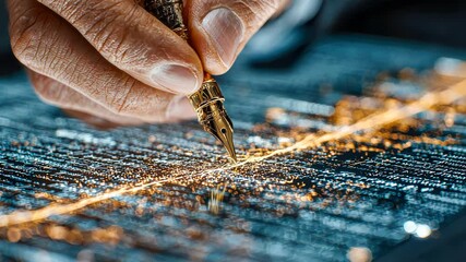 Poster - A businessman hand holding a fountain pen, digitally signing glowing lines of text on an electronic surface, visualizing modern digital contract signing and data flow