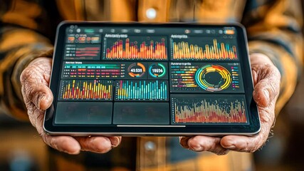 Poster - Person holding a tablet displaying detailed charts, graphs, and statistics, emphasizing data analysis and modern finance management
