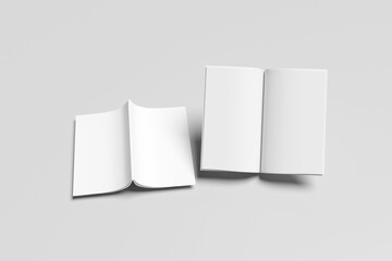 Poster - A3, A4, half fold Blank open and close 3D illustration magazine mock-up with Cover, Book, Brochure, Pamphlet, Catalog, Catalogue empty mockup for Presentation on isolated Dark Grey background