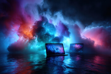 Poster - Laptops surrounded by colorful clouds reflecting on water in a surreal digital landscape