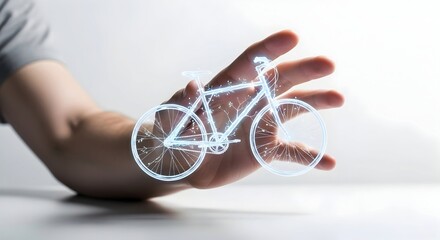 Poster - A male hand holding a glowing blue digital bicycle. Sustainable transportation and eco-friendly future. Urban mobility technology concept.