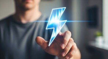Poster - Man touching a glowing lightning bolt icon, representing energy and power. Concept of electricity, innovation and clean power solution.