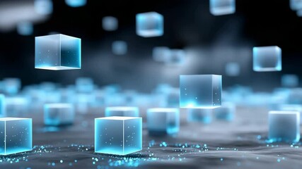 Fototapete - A computer generated image of many blue cubes floating in the air. The cubes are all different sizes and are scattered throughout the image. Scene is one of chaos and disarray