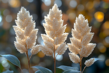 Wall Mural - Autumn Foliage Trio with Golden Sunlit Bokeh for Nature Photography and Seasonal Decor