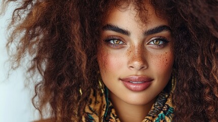 Poster - A captivating portrait featuring a woman with mesmerizing curly hair, striking freckles, and vibrant green eyes, showcasing natural beauty and confidence in a carefree expression.