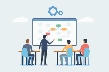 Poster - Business meeting with team discussing strategy on screen with flow chart diagram