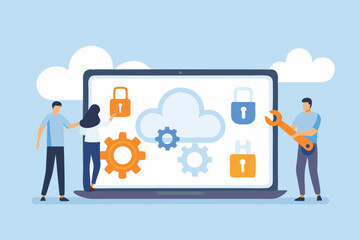 Poster - Cloud Security and Data Protection Concept with People Padlocks Gears and Cloud Illustration