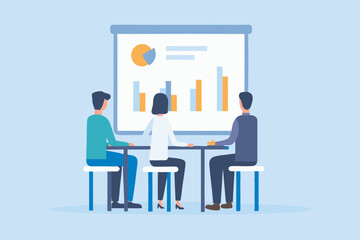 Poster - Business meeting with presentation of charts and graphs in a light blue color scheme