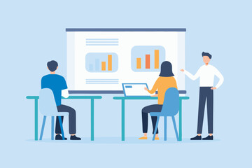 Poster - Business Meeting Presentation with Team Members Discussing Charts and Graphs in Office