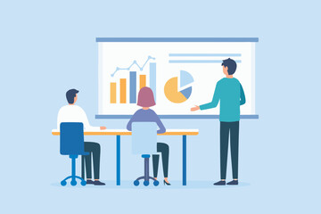Poster - Business presentation with charts and graphs team meeting vector illustration flat design