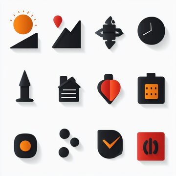 Set of modern black and orange navigation and location icons with shadow effects on white background