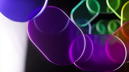 Fototapete - Neon-edged oval shapes gliding smoothly across dark background, generating vibrant abstract animation with dynamic color spectrum and mesmerizing visual energy