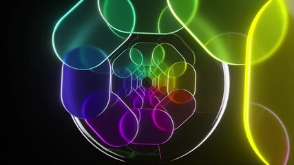 Poster - Luminous neon tunnel rotating against black background, generating mesmerizing geometric spiral with vibrant color transitions and iridescent glow