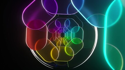 Poster - Vibrant neon light rotating through cylindrical tunnel, generating mesmerizing abstract motion against deep black background with seamless looping visual effect