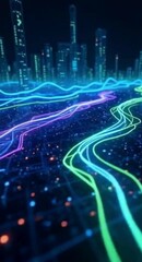 Poster - Futuristic Cityscape with Glowing Data Streams and Network Connections in a Digital World