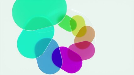 Poster - Transparent colorful rounded geometric shapes rotating dynamically, generating vibrant abstract motion design against pristine white background, creating seamless visual composition