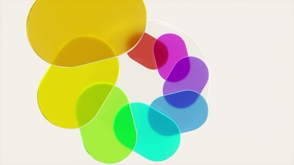 Poster - Colorful transparent rounded shapes dynamically rotating, generating fluid abstract motion graphic design with seamless energy against pristine white background