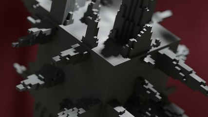 Fototapete - Geometric cube structure with intricate pixelated protrusions rotating slowly against vibrant red background, displaying complex digital design and technological abstraction