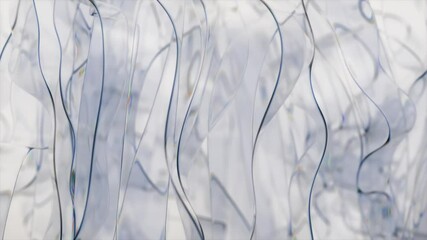 Poster - Plastic sheets with iridescent reflections are slowly moving and waving on a white background, creating an abstract and elegant composition
