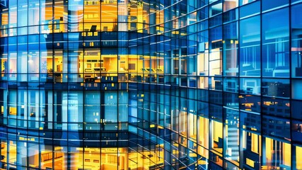 Poster - A curved glass skyscraper office building at night