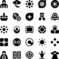 Poster - Black outline vector illustration of 31 unique icons including sun cloud person basket and other shapes