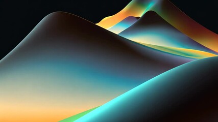 Poster - Abstract digital art depicting flowing, luminous hills in hues of teal, orange, and gold against a dark background