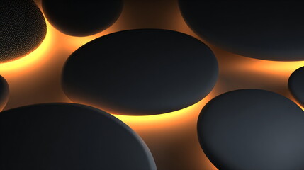 Poster - abstract black geometric shapes with bright orange glowing light and textured surface on dark backgr