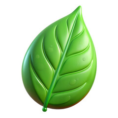 Poster - Glossy green leaf 3d rendering plasticstyle icon isolated on white background for creative projects