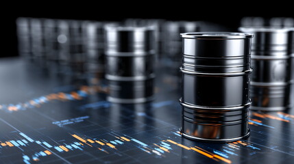Poster - Many shiny metal barrels are sitting on a digital financial candlestick chart. Global oil and gas market analysis for energy industry.