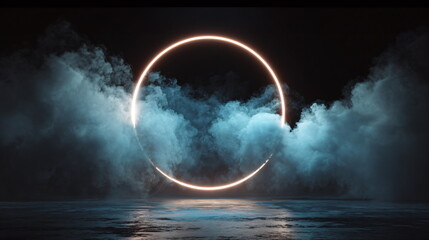 Poster - Glowing neon circle in smoke and fog. Futuristic virtual portal. Empty dark mystical stage for product presentation.
